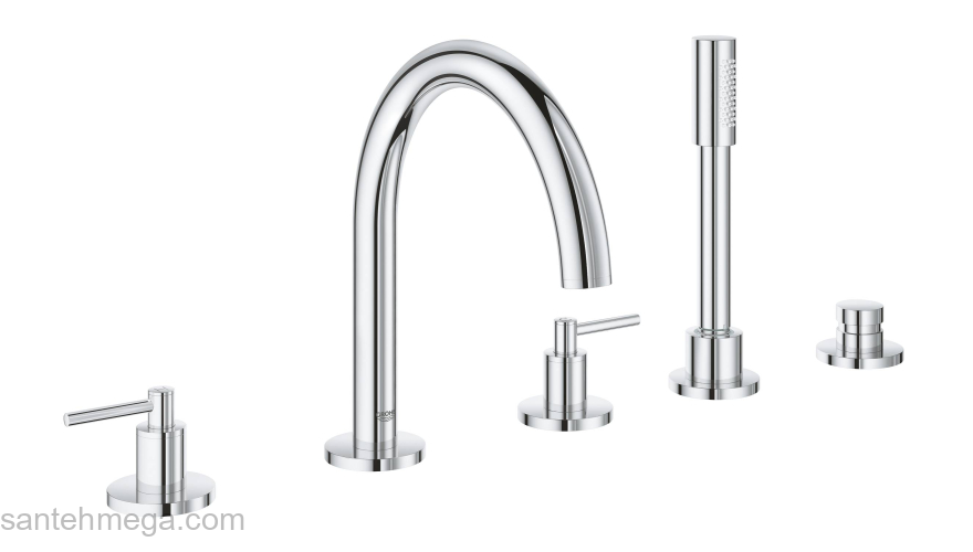 GROHE 19922003 Atrio New Комлект для ванны на 5 отверстий (смеситель двухвентильный, круглый излив, рукоятки-рычаги,  ручной душ, переключатель), может быть использован с 29 037 001. Фото