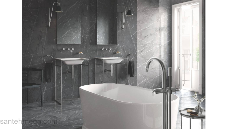 GROHE 25044DC3 Atrio New Смеситель двухвентильный для ванны свободностоящий, напольный монтаж, крестообразные ручки, ручной душ с держателем, СуперСталь (комплект верхней монтажной части для 45 984 001). Фото