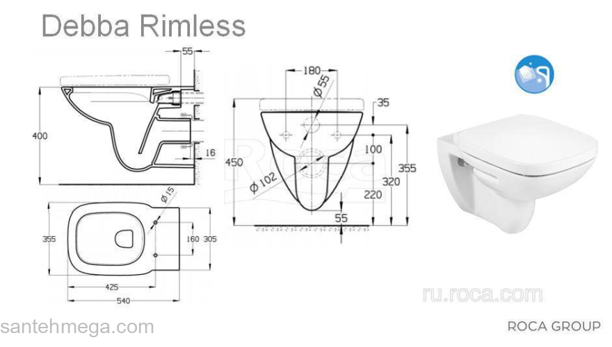 Унитаз подвесной безободковый ROCA Debba 34699L00Y. Фото