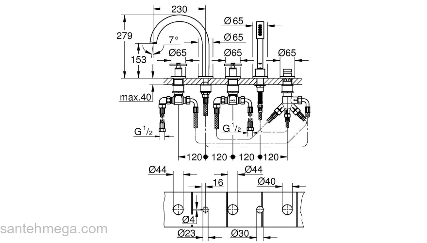 GROHE 19923DC3 Atrio New Комлект для ванны на 5 отверстий (смеситель двухвентильный, круглый излив, крестообразные ручки, ручной душ, переключатель), СуперСталь. Фото