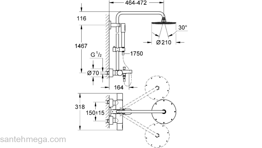 GROHE 27641000 Rainshower Душ.сист.с терм.д.ванны,450мм. Фото