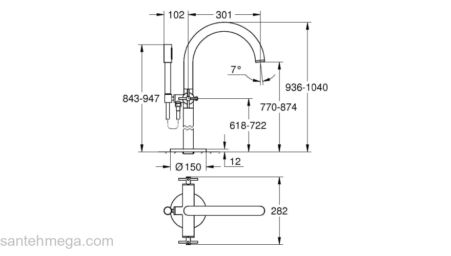 GROHE 25044003 Atrio New Смеситель двухвентильный для ванны свободностоящий, напольный монтаж, крестообразные ручки, ручной душ с держателем (комплект верхней монтажной части для 45 984 001). Фото