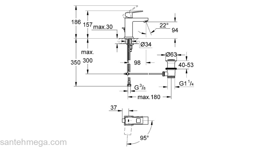 GROHE 2339000E Eurocube Смеситель однорычажный для раковины со сливным гарнитуром, с энергосберегающим картриджем - подача холодной воды при центральном положении рычага. Фото