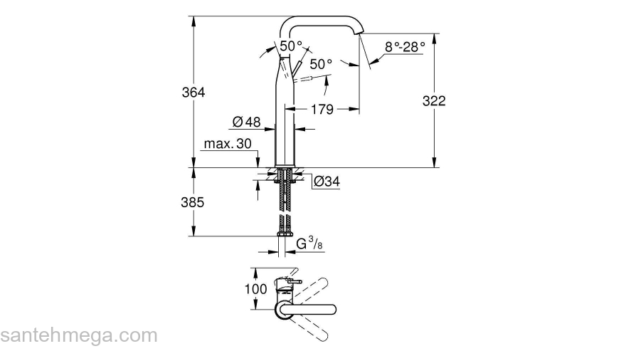 GROHE 32901A01 Essence New Смеситель однорычажный для свободностоящей раковины U-излив, гладкий корпус, цвет: темный гарфит, глянец. Фото