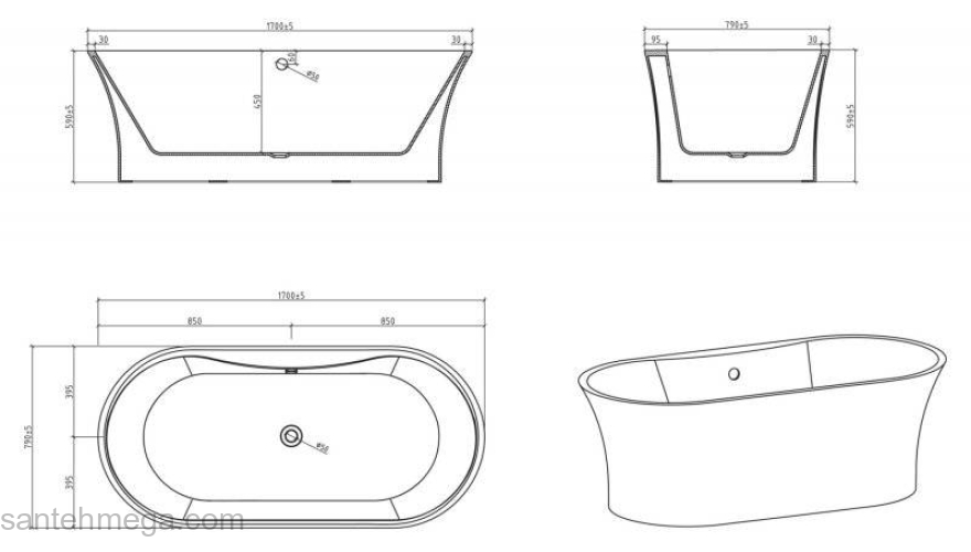 Ванна акриловая отдельностоящая BELBAGNO BB201-1700-800. Фото