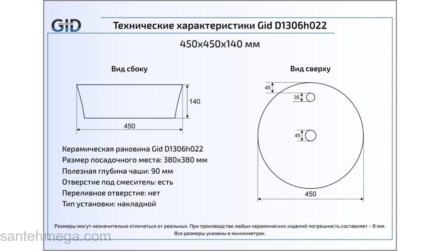 Раковина накладная GID D1306h022 44х44 53317 Черный / Золото. Фото