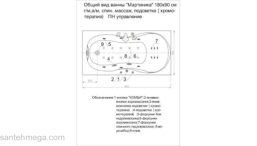 Ванна АКВАТЕК Мартиника 180х90 с гидромассажем. Фото