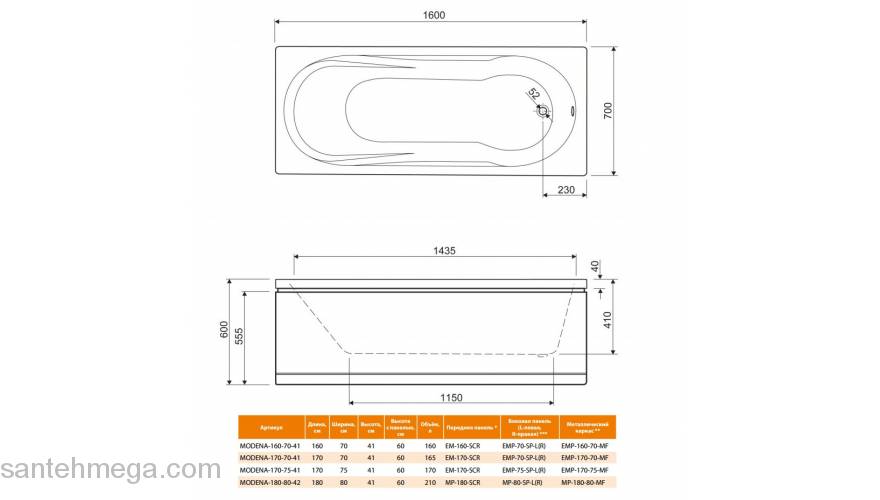 Ванна акриловая CEZARES Modena 170x70. Фото