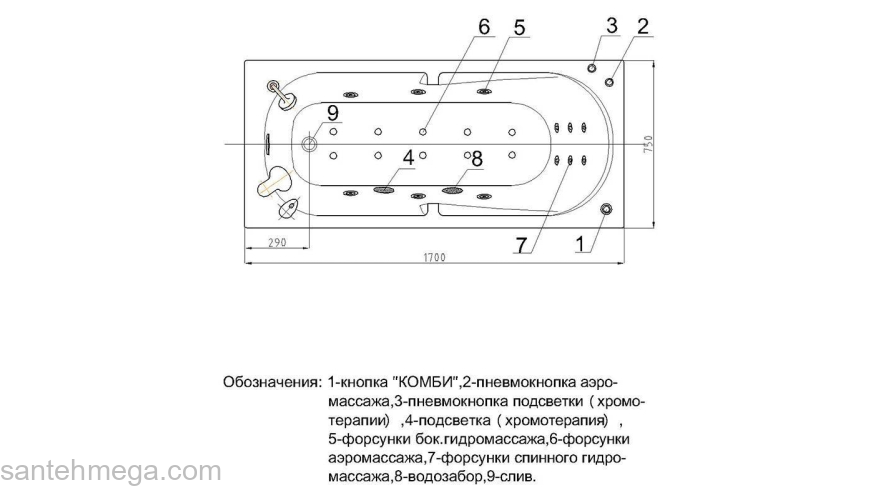 Ванна АКВАТЕК Лея 170х75 с гидромассажем. Фото