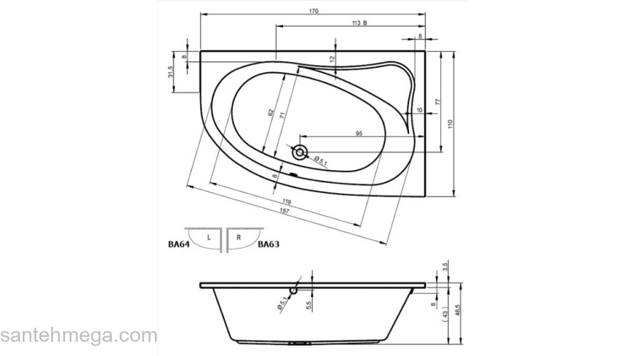 Ванна акриловая RIHO Lyra 170х110 BA64005/BA63005. Фото