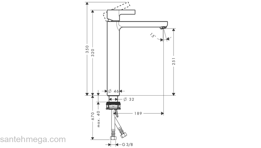 Смеситель для раковины Hansgrohe Metris S Highriser, однорычажный, без сливного набора 31023000, хром. Фото