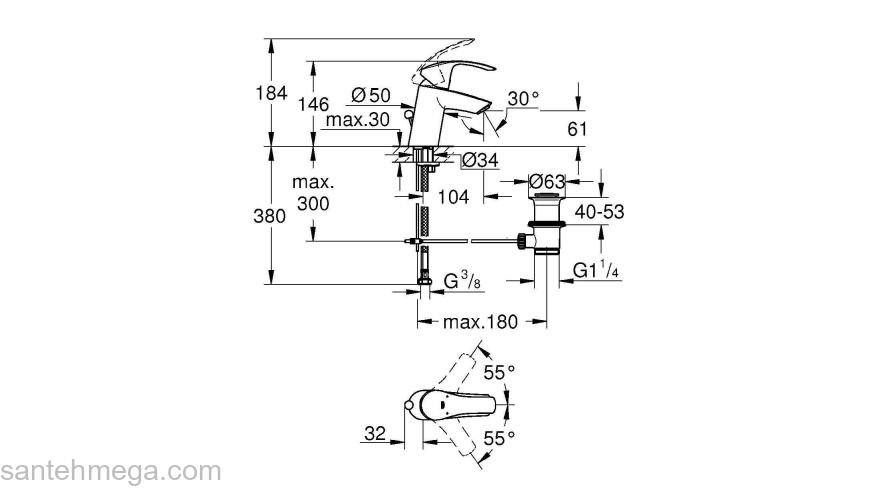 GROHE 33265002 Eurosmart 2015 Смеситель однорычажный для раковины со сливным гарнитуром, S-size. Фото