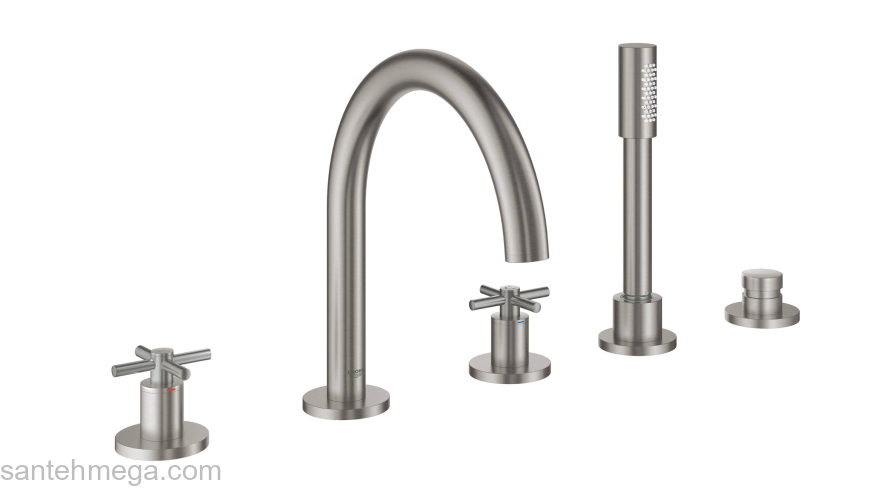 GROHE 19923DC3 Atrio New Комлект для ванны на 5 отверстий (смеситель двухвентильный, круглый излив, крестообразные ручки, ручной душ, переключатель), СуперСталь. Фото