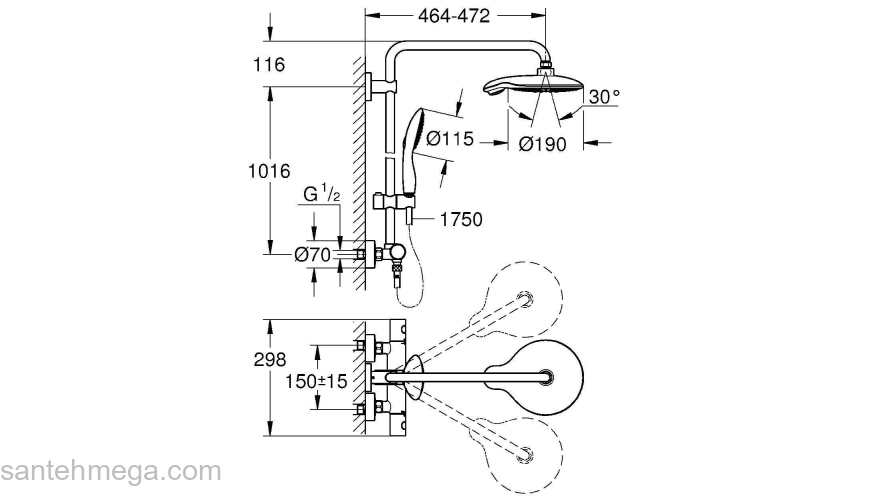 GROHE 26186000 Power&Soul 190 Душевая система с термостатом Grohtherm 1000 Cosmo для душа. Фото