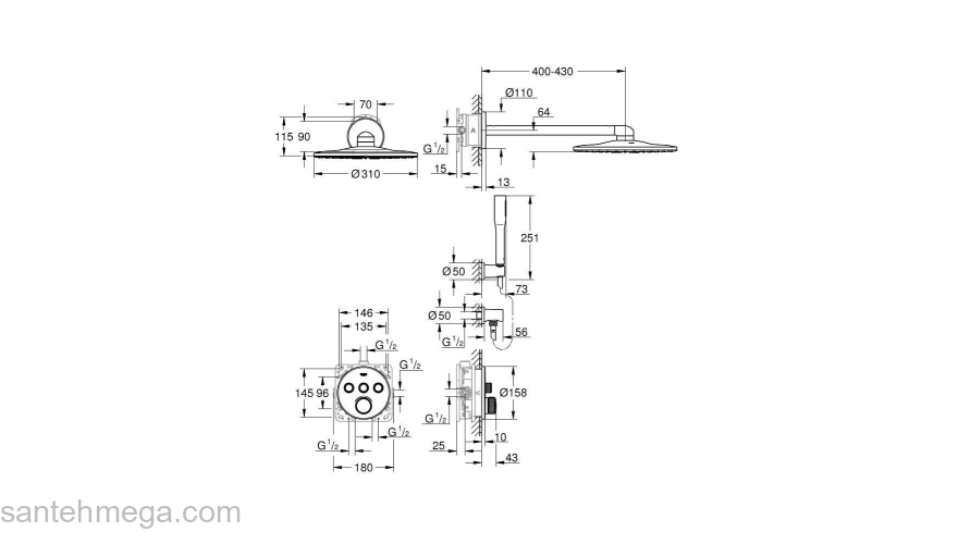 GROHE 34705000 Grohtherm SmartControl Набор для комплектации душа со встраиваемым термостатом с 3 кнопками управления, верхним душем Rainshower 310 (круглый), душевым кронштейном 400 мм, ручным душем Euphoria Cosmopolitan Stick. Фото