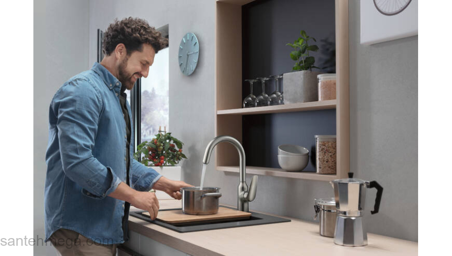 Кухонный смеситель однорычажный, 220, 1jet Hansgrohe 71802800, под сталь. Фото