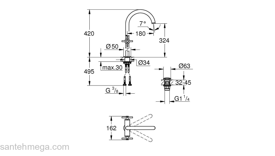 GROHE 21044003 Atrio New Смеситель двухвентильный для раковины на 1 отверстие, для свободностоящих раковин, крестобразные ручки, размер XL. Фото