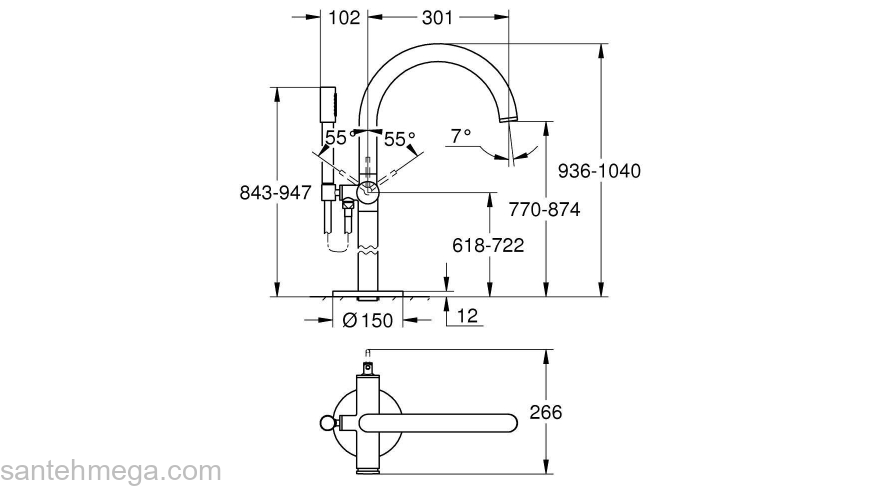 GROHE 32653AL3 Atrio New Смеситель однорычажный для ванны, напольный монтаж, ручной душ с держателем, шланг, Графит (без встроенной части, комплект верхней монтажной части для 45 984). Фото