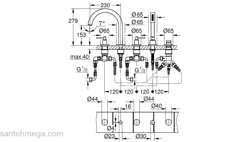 GROHE 19922DC3 Atrio New Комлект для ванны на 5 отверстий (смеситель двухвентильный, круглый излив, рукоятки-рычаги,  ручной душ, переключатель), СуперСталь. Фото