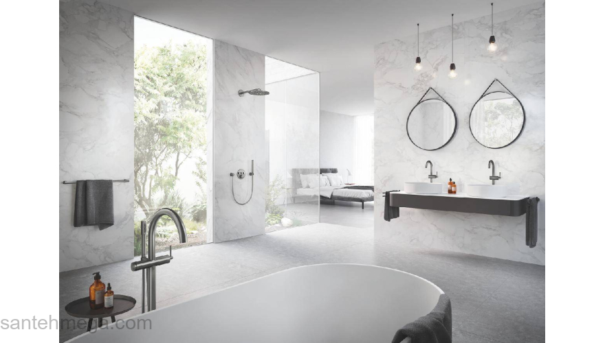 GROHE 32653AL3 Atrio New Смеситель однорычажный для ванны, напольный монтаж, ручной душ с держателем, шланг, Графит (без встроенной части, комплект верхней монтажной части для 45 984). Фото