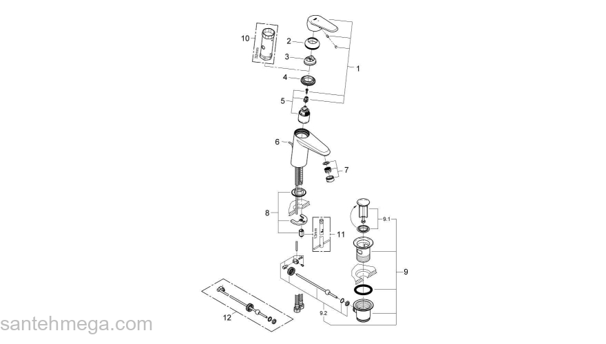 GROHE 2338420E Eurodisc Cosmopolitan Смеситель однорычажный для раковины со сливным гарнитуром, с энергосберегающим картриджом (подача холодной воды при центральном расположении рычага). Фото