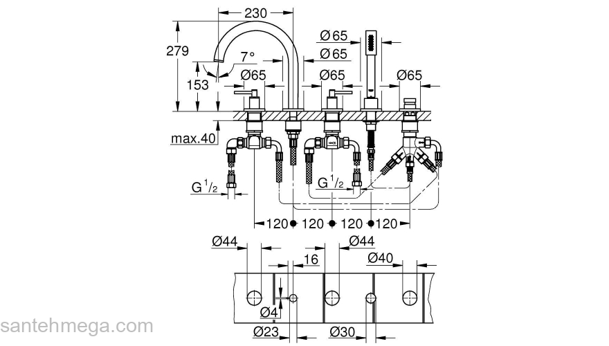 GROHE 19922AL3 Atrio New Комлект для ванны на 5 отверстий (смеситель двухвентильный, круглый излив, рукоятки-рычаги,  ручной душ, переключатель), Графит. Фото