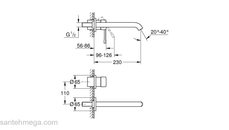 GROHE 19967A01 Essence+ Смеситель для раковины на 2 отверстия, вынос 201 мм, настенный монтаж. Фото