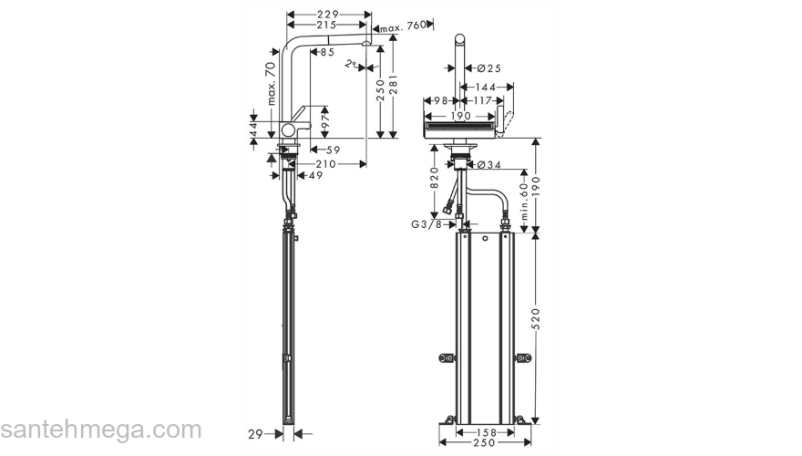 Кухонный смеситель Hansgrohe Aquno Select M81 однорычажный, 250, с вытяжным душем, 2jet, sBox 73830800, под сталь. Фото