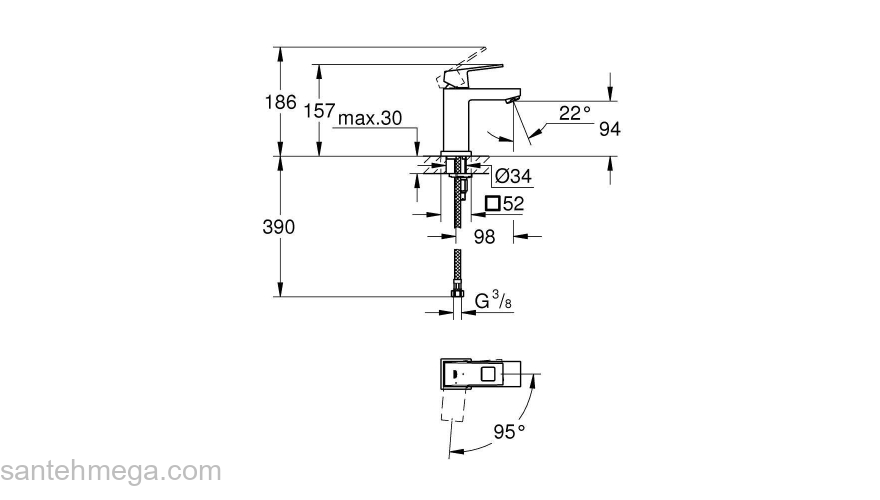 GROHE 2339200E Eurocube Смеситель однорычажный для раковины, гладкий корпус, с энергосберегающим картриджем - подача холодной воды при центральном положении рычага. Фото