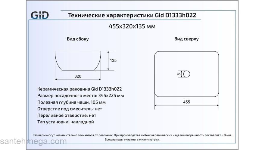 Раковина накладная GID D1333h022 46х32 53320 Черный / Золото. Фото