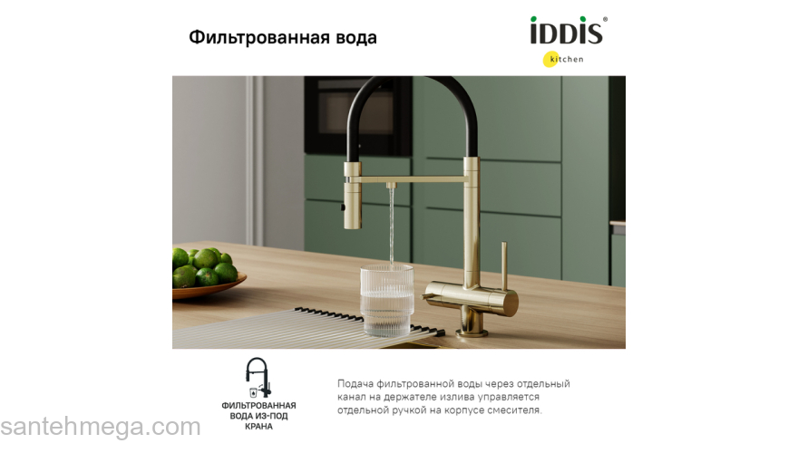 Смеситель для кухни с фильтром и гибким изливом матовое золото Ace IDDIS ACEMGFFi05. Фото