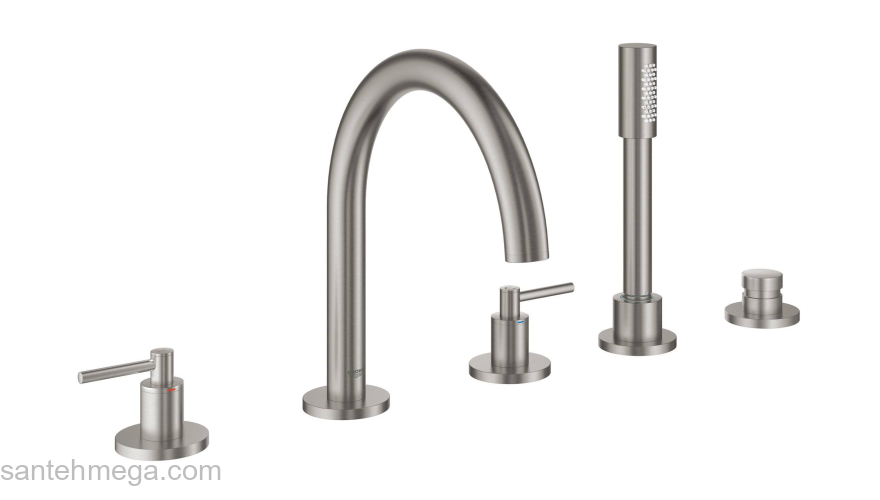 GROHE 19922DC3 Atrio New Комлект для ванны на 5 отверстий (смеситель двухвентильный, круглый излив, рукоятки-рычаги,  ручной душ, переключатель), СуперСталь. Фото