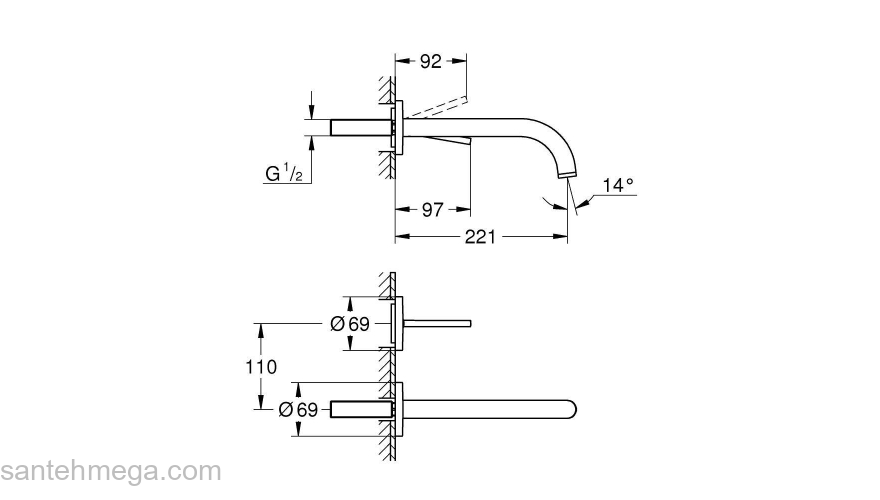 GROHE 19918AL3 Atrio New Joy Смеситель для раковины на 2 отверстия, настенный монтаж, вынос 221 мм, размер S, Графит (без встроенной части, комплект верхней монтажной части для 23 429 000). Фото