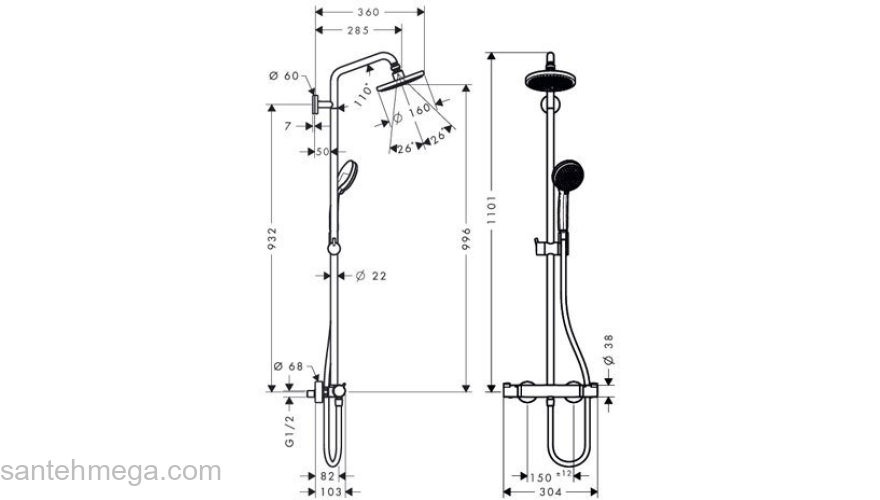 Душевая система Hansgrohe Croma 160 Showerpipe 27135000. Фото