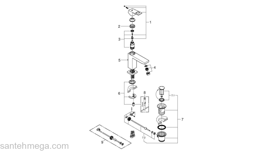 GROHE 23445000 Eurocube Смеситель однорычажный для раковины со средним изливом, сливной гарнитур. Фото