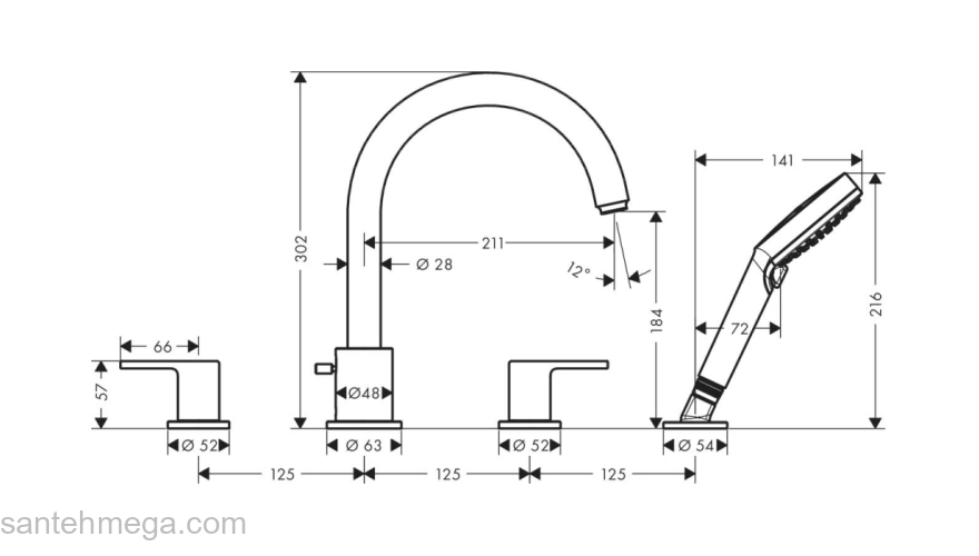 Смеситель на край ванны Hansgrohe Vernis Shape 71459670 черный. Фото