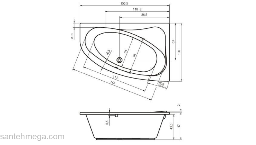 Ванна акриловая RIHO Lyra 153х100 BA68005/BA67005. Фото