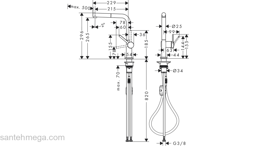 Кухонный смеситель однорычажный, 270, с вытяжным изливом, 1jet Hansgrohe 72808000, хром. Фото