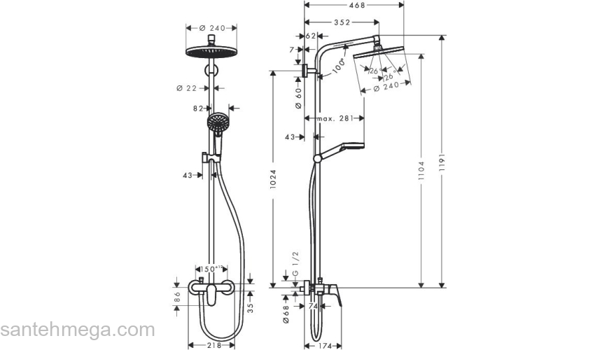 Душевая система Hansgrohe Crometta S 240 1jet Showerpipe Ecosmart 27269000. Фото