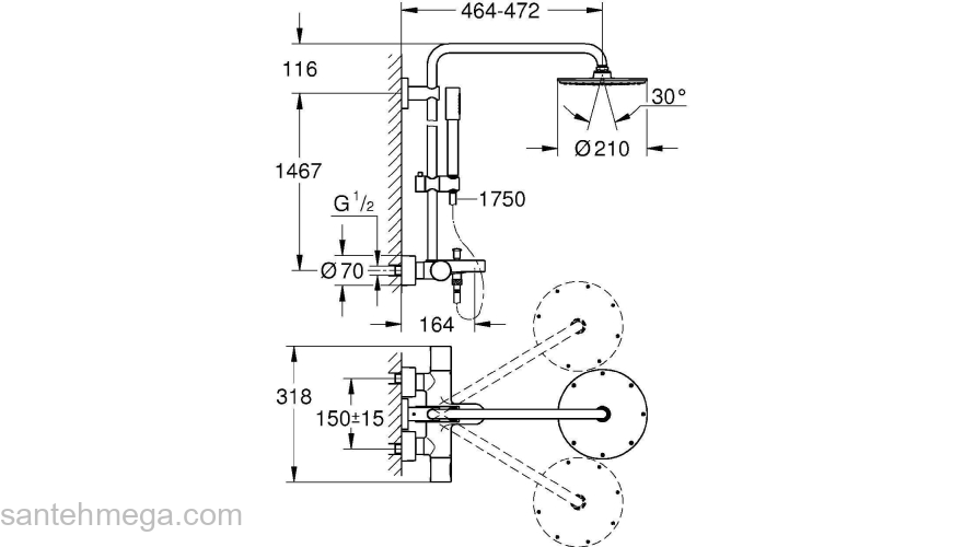 GROHE 27641000 Rainshower Душ.сист.с терм.д.ванны,450мм. Фото