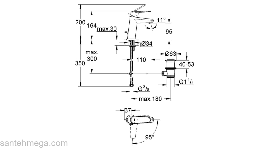 GROHE 2338920E Eurodisc Cosmopolitan Смеситель однорычажный для раковины со сливным гарнитуром, средний излив, с энергосберегающим картриджем - подача холодной воды при центральном положении рычага. Фото