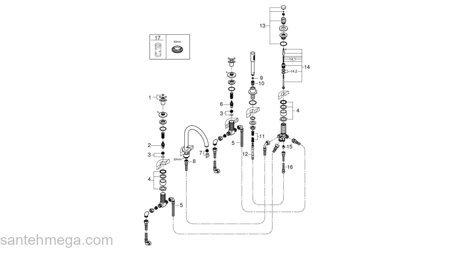 GROHE 19923DC3 Atrio New Комлект для ванны на 5 отверстий (смеситель двухвентильный, круглый излив, крестообразные ручки, ручной душ, переключатель), СуперСталь. Фото