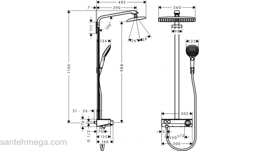 Showerpipe 360 1jet с ShowerTablet Select 300 27288400, белый/хром. Фото