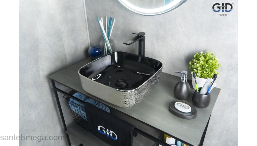 Раковина накладная GID D1303h020 39х39 53311 Черный / Хром. Фото