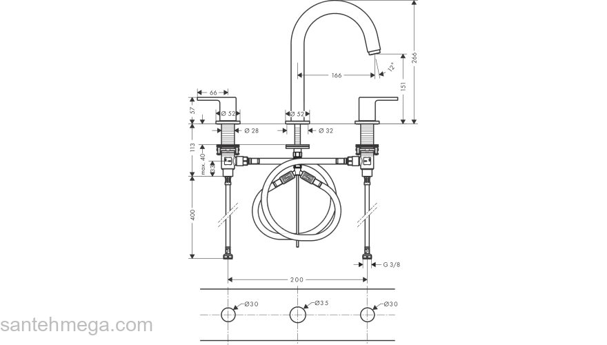 Смеситель для раковины на 3 отверстия, со сливным гарнитуром Hansgrohe Vernis Shape 71563670, матовый черный. Фото