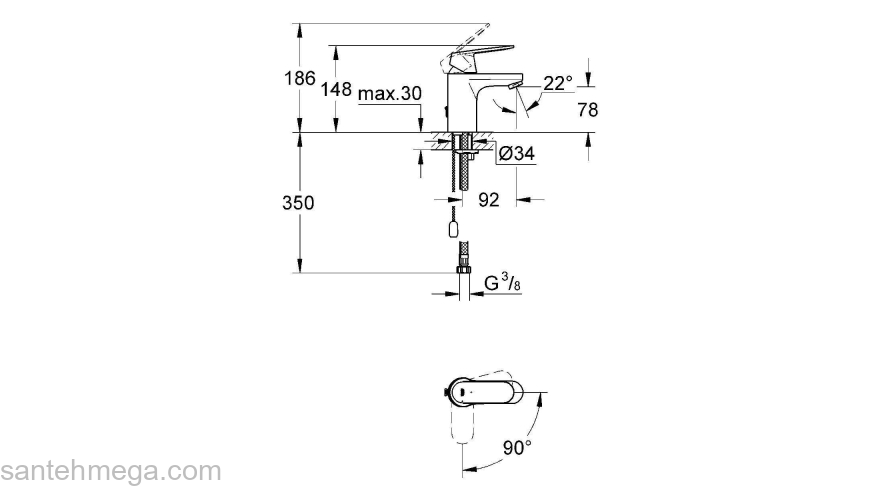 GROHE 2337800e Eurosmart Cosmopolitan Смеситель однорычажный для раковины с цепочкой, с энергосберегающим картриджем - подача холодной воды при центральном положении рычага. Фото