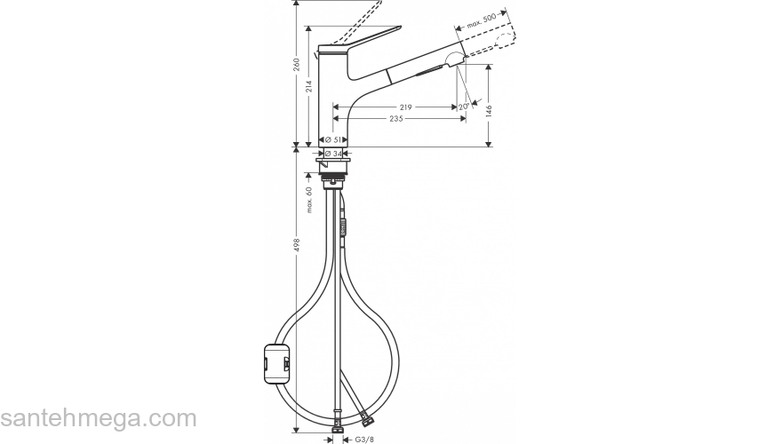 Смеситель для кухни Hansgrohe Zesis M33 74800000 с выдвижным изливом. Фото