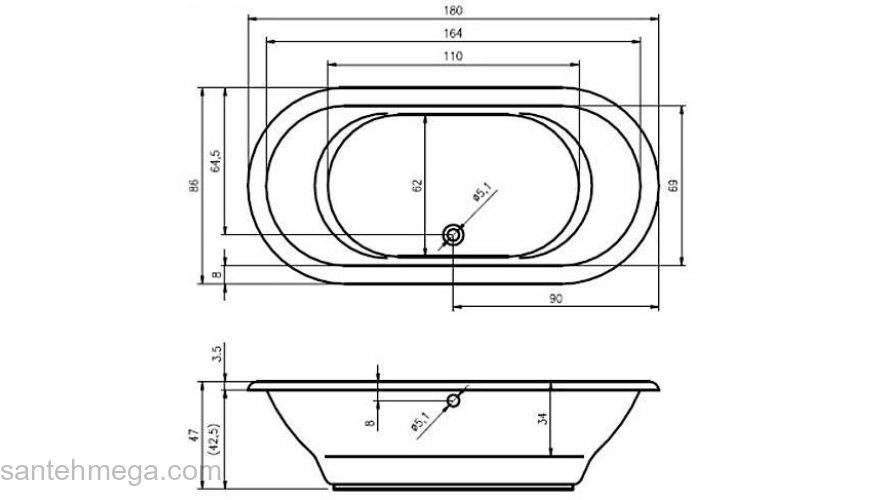 Ванна акриловая RIHO Seth 180х86 BB22005. Фото