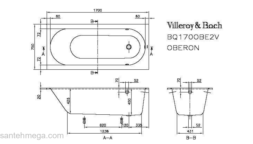 Ванна Villeroy&Boch Oberon BQ180OBE2V-01 180х80. Фото