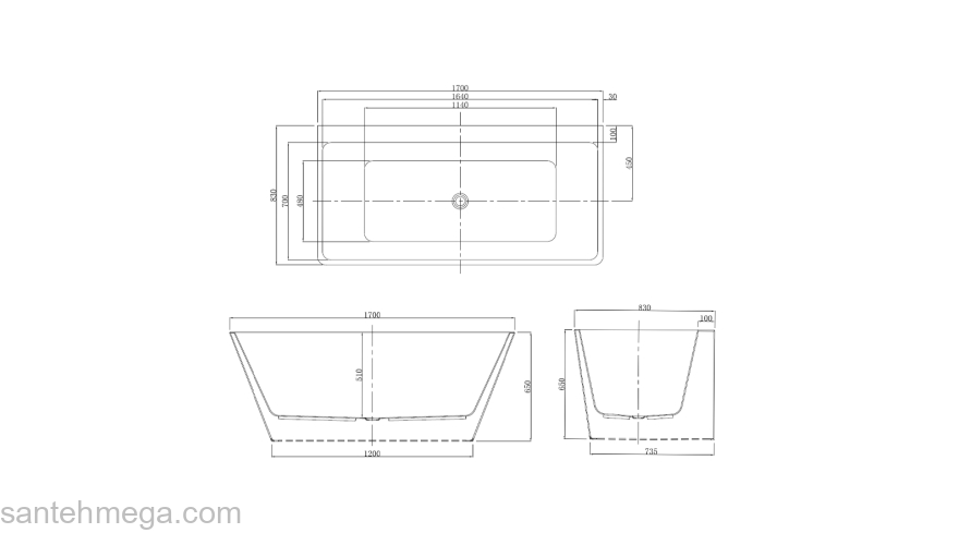 Ванна акриловая Azario OXFORD 1700х830х650, пристенная, в комплекте с сифоном и металлической рамой OXF17083. Фото
